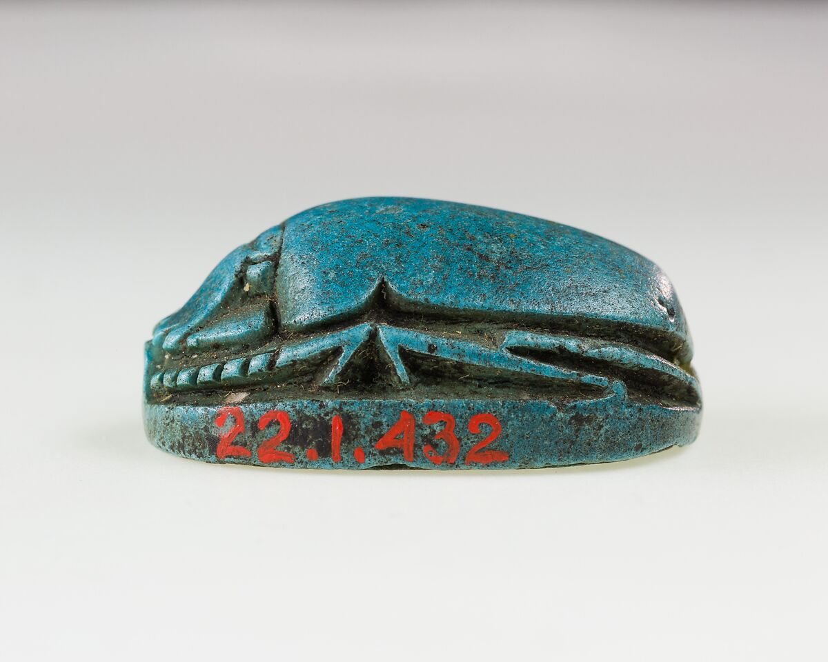 Scarab Inscribed with Hieroglyphs and Symbols, Bright blue glazed steatite
