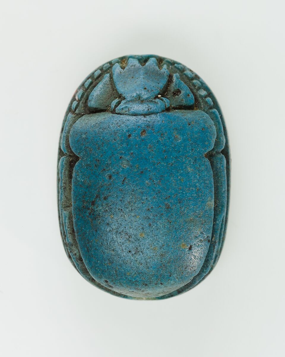 Scarab Inscribed with Hieroglyphs and Symbols, Bright blue glazed steatite