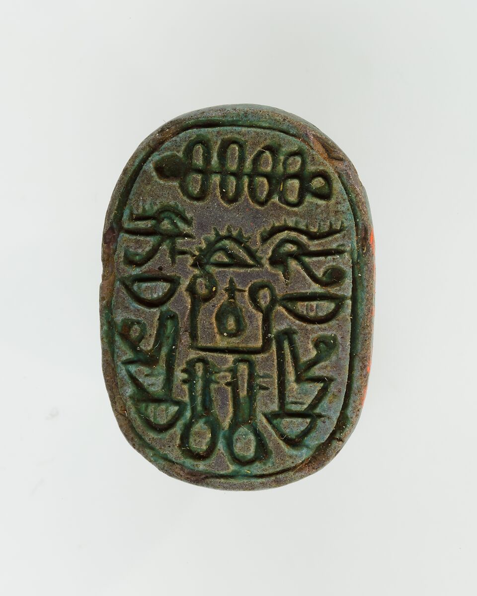 Scarab Inscribed with Hieroglyphs, Green faience 