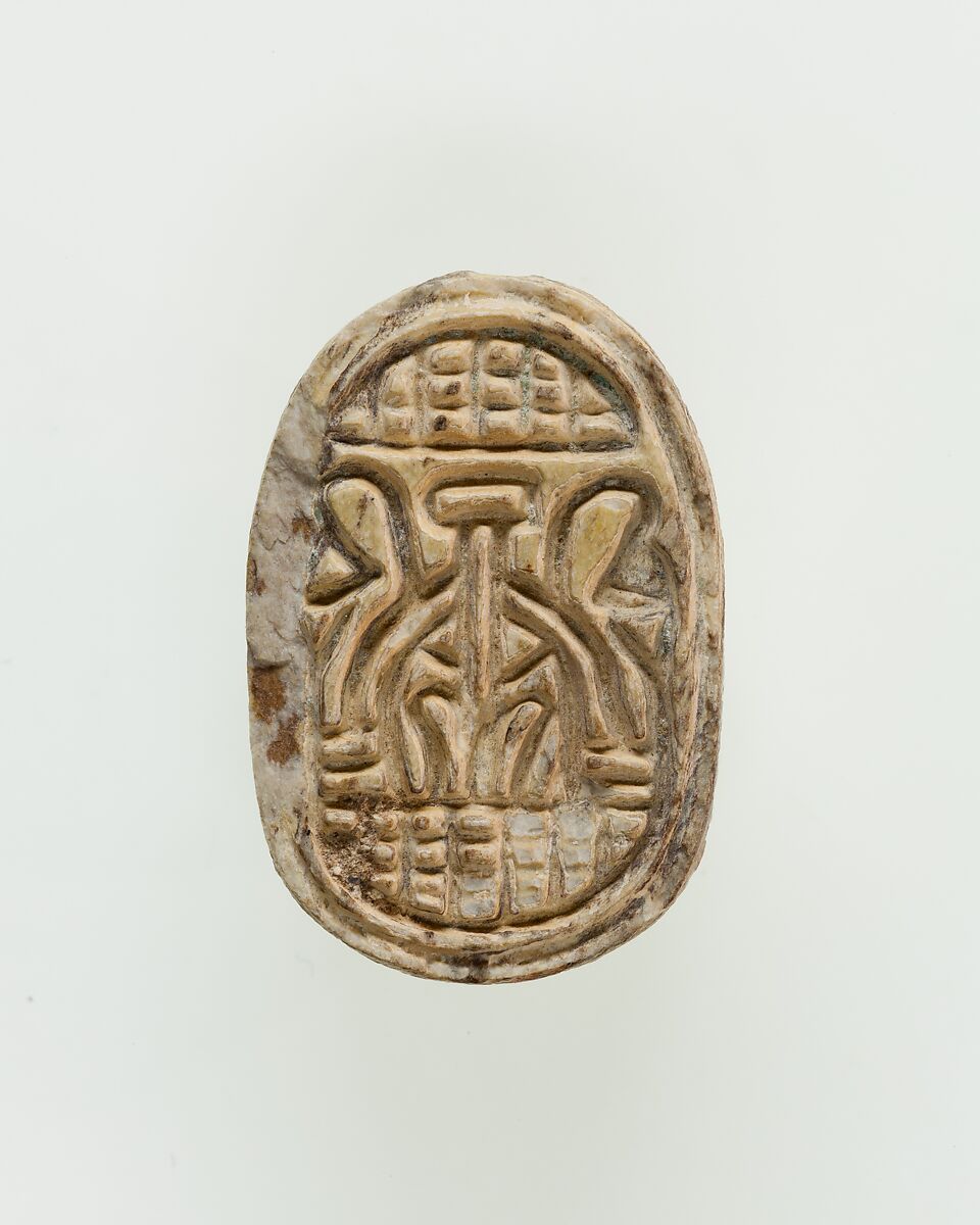 Scarab Decorated with Symbol of Unification, Steatite, traces of green glaze 