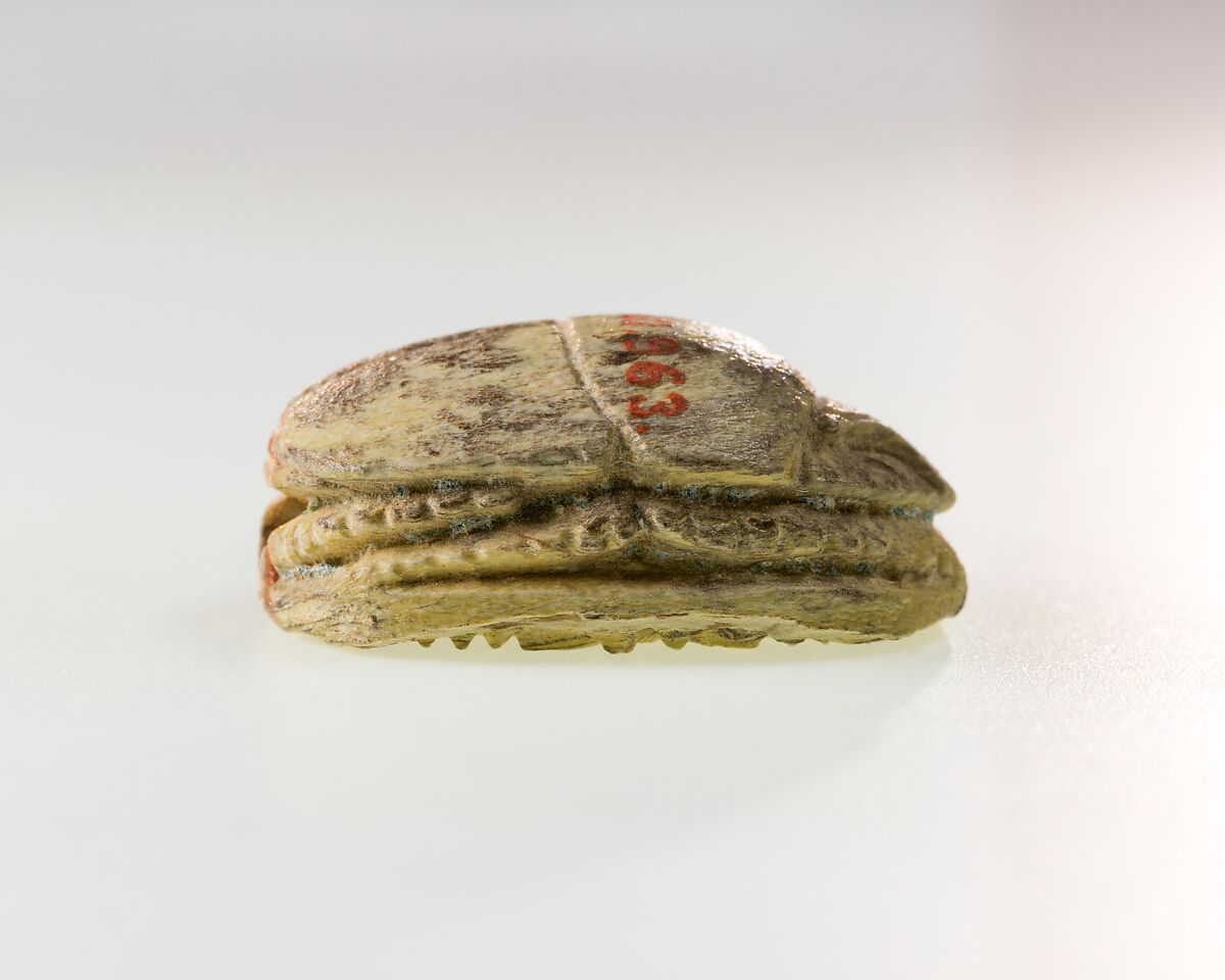 Scarab Decorated with Symbol of Unification, Steatite, traces of green glaze