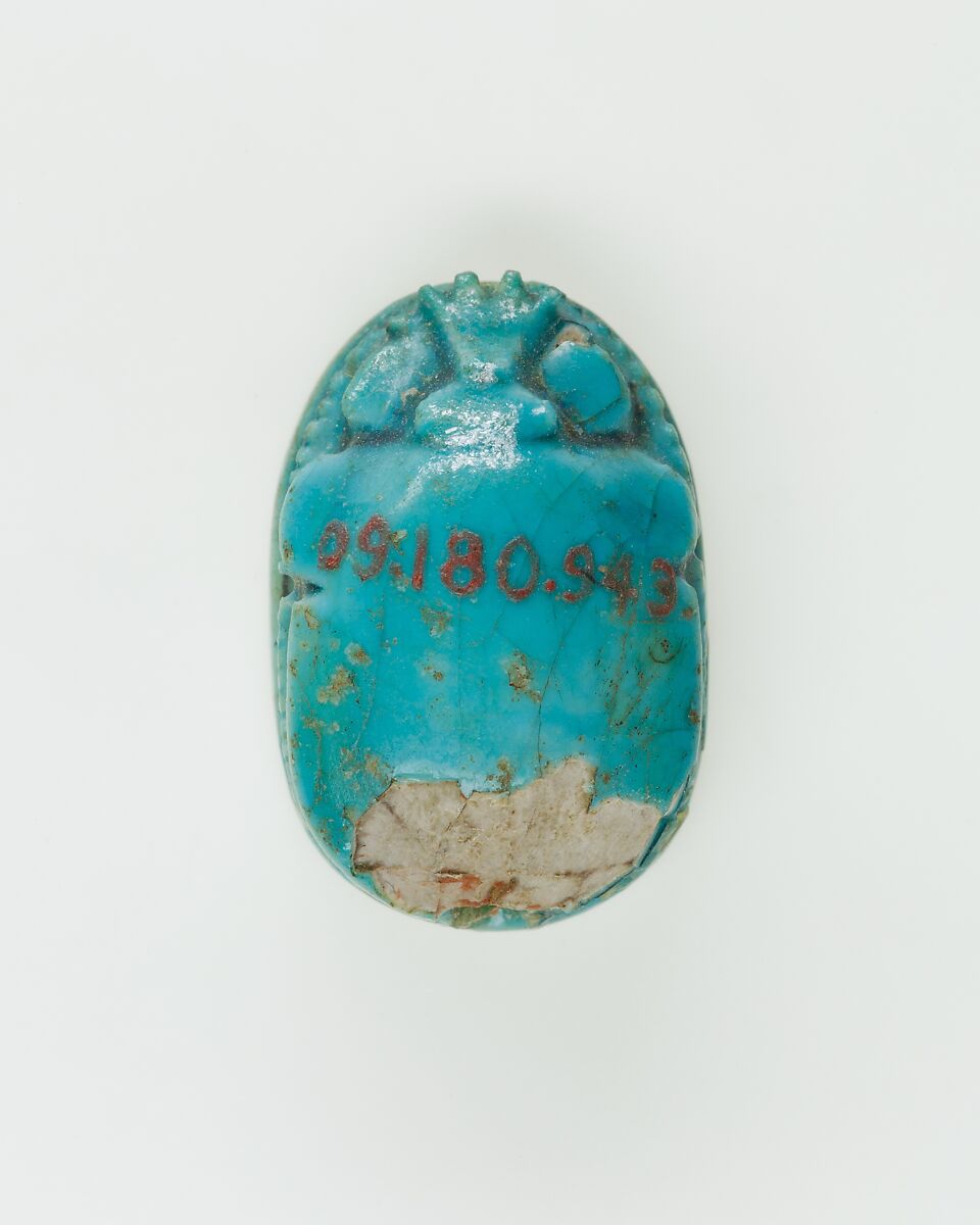 Scarab Inscribed with Hieroglyphs, Bright blue glazed steatite