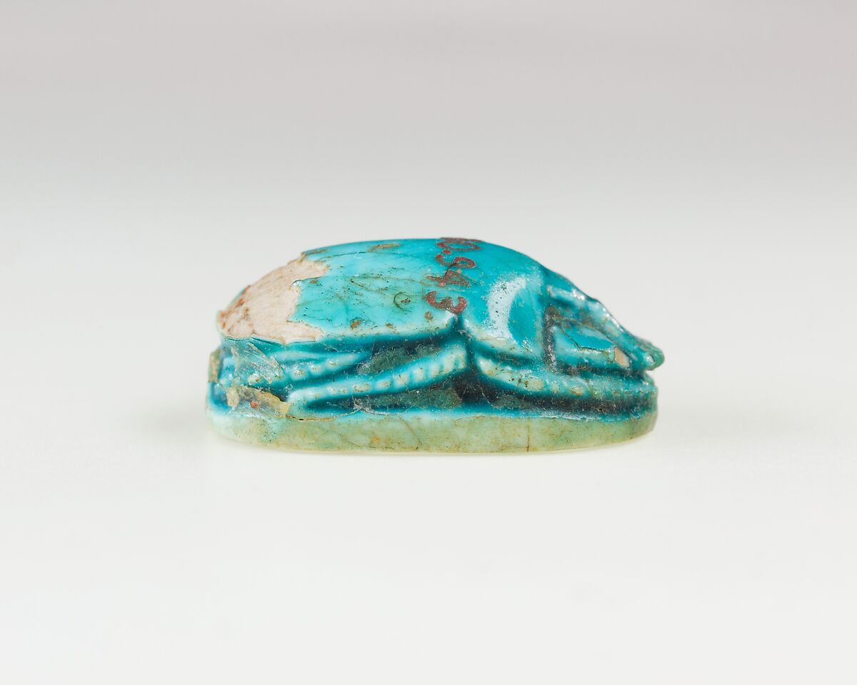 Scarab Inscribed with Hieroglyphs, Bright blue glazed steatite