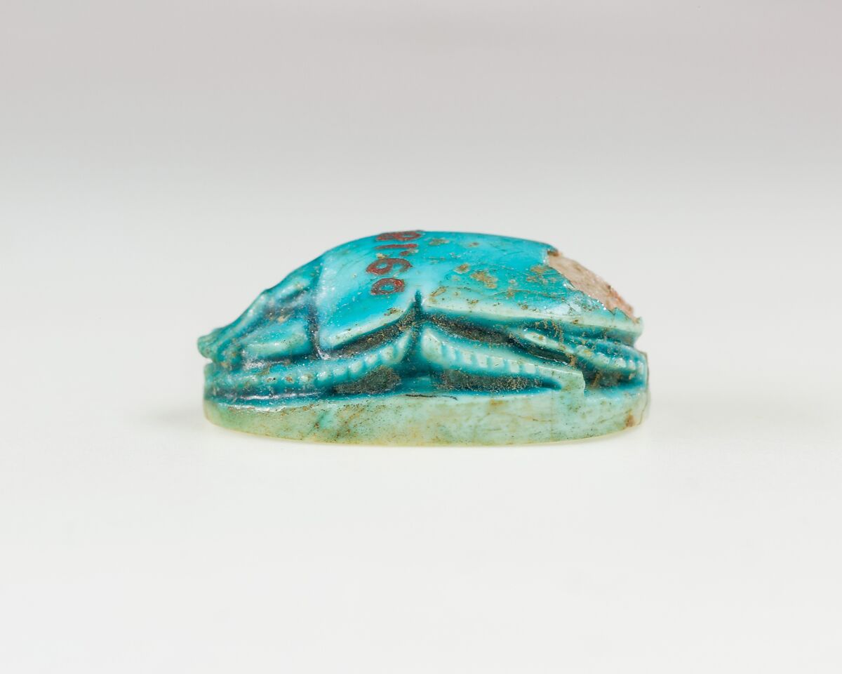 Scarab Inscribed with Hieroglyphs, Bright blue glazed steatite