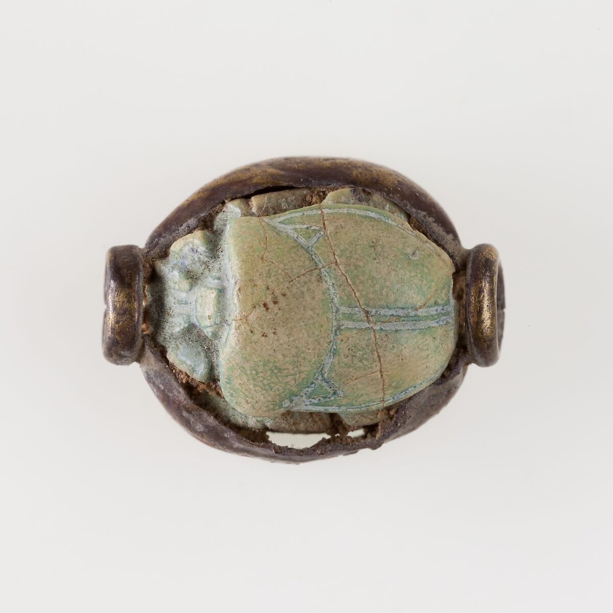 Scarab Decorated with Papyrus and Winged Beetles, Blue glazed steatite