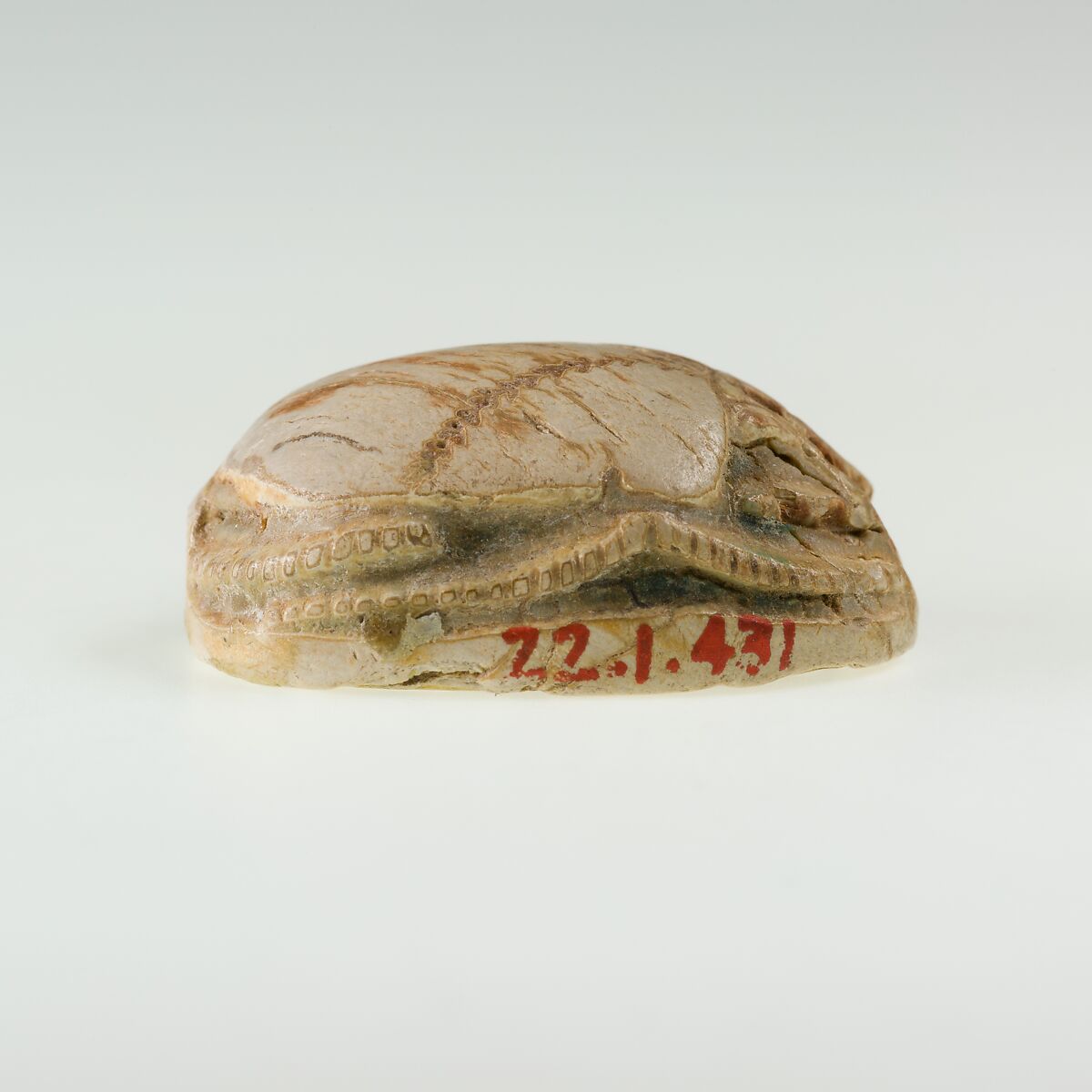 Scarab with Sobek and Uraei, Steatite, traces of green glaze