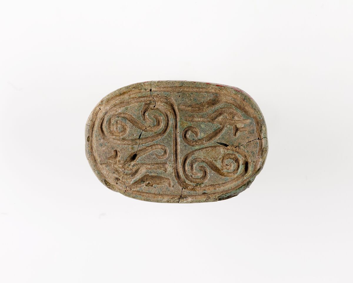 Scarab Decorated with Scrolls and Wedjat Signs, Green glazed steatite 