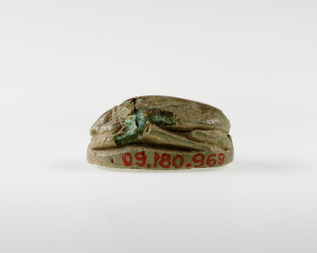 Scarab Decorated with Scrolls and Wedjat Signs, Green glazed steatite