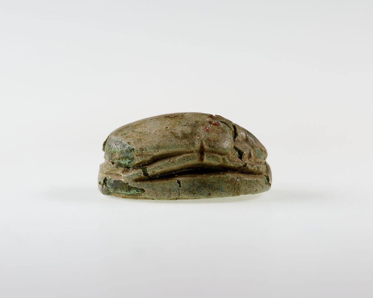 Scarab Decorated with Scrolls and Wedjat Signs, Green glazed steatite