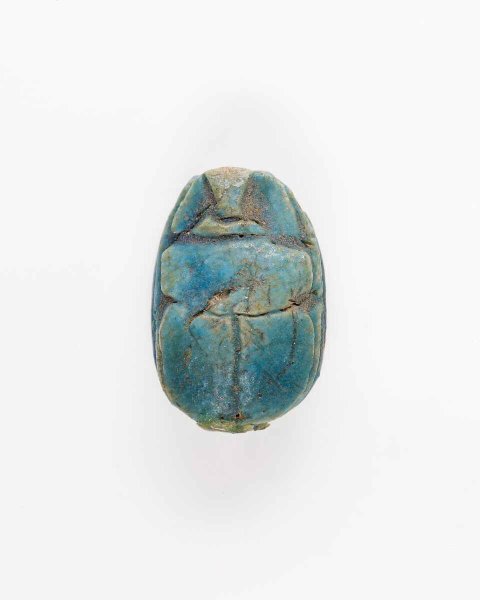 Scarab with Papryus Plant Decoration, Blue glazed steatite