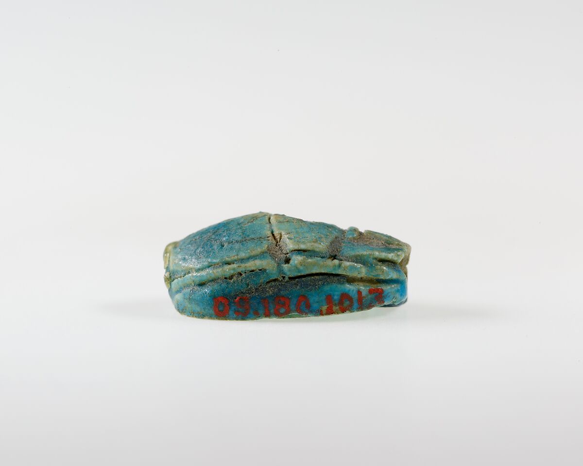 Scarab with Papryus Plant Decoration, Blue glazed steatite