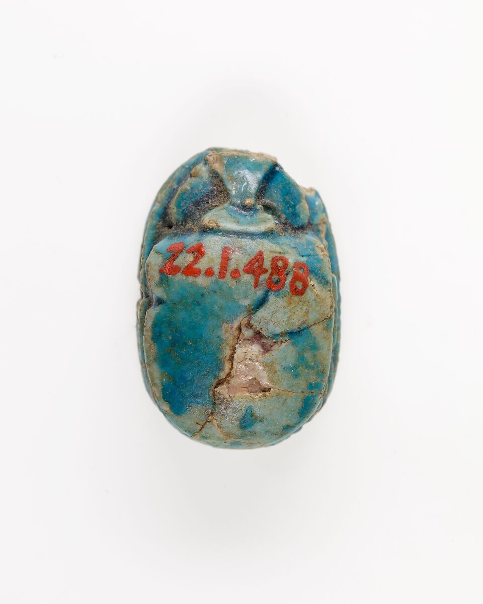 Scarab with Wedjat and Scroll Decoration, Bright blue glazed steatite