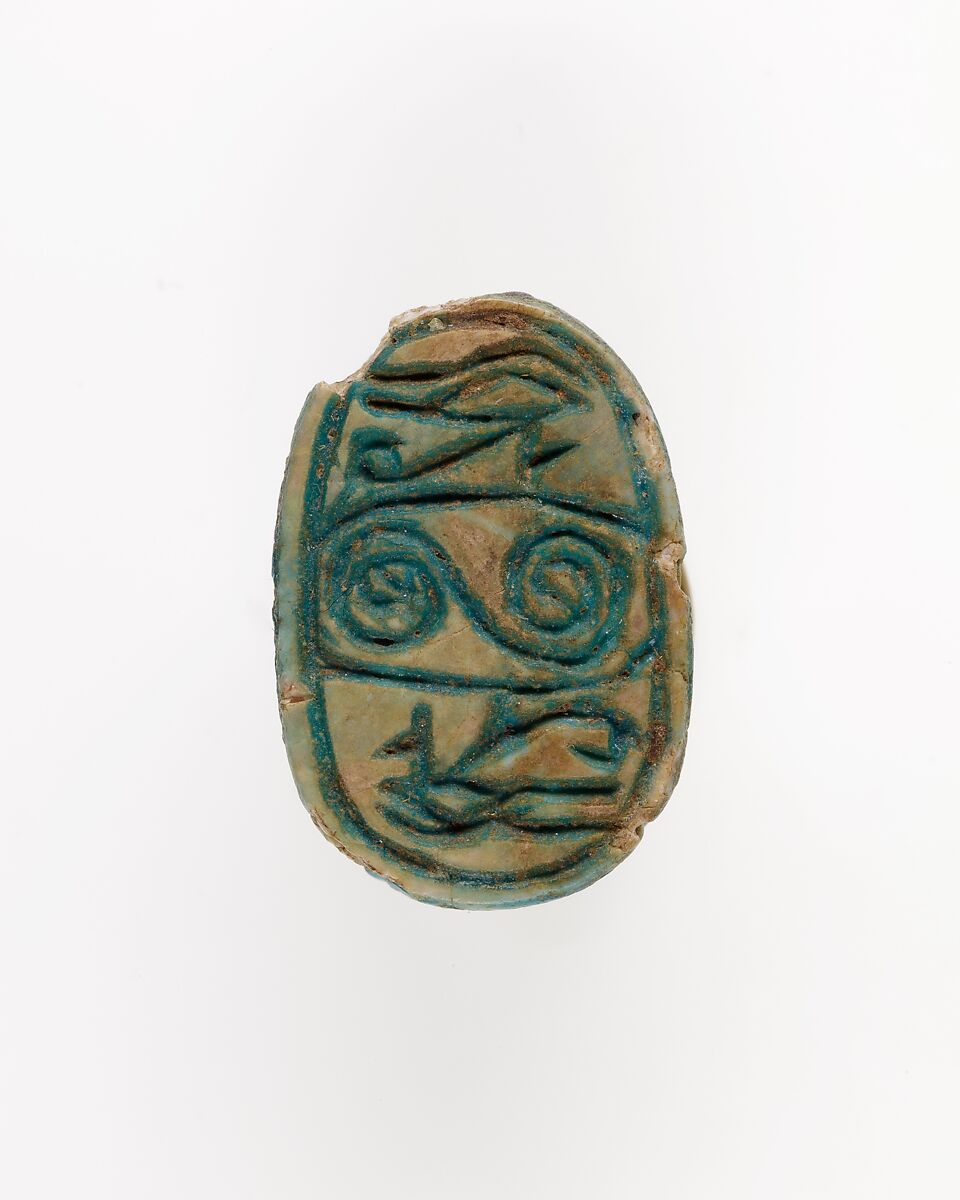 Scarab with Wedjat and Scroll Decoration, Bright blue glazed steatite 