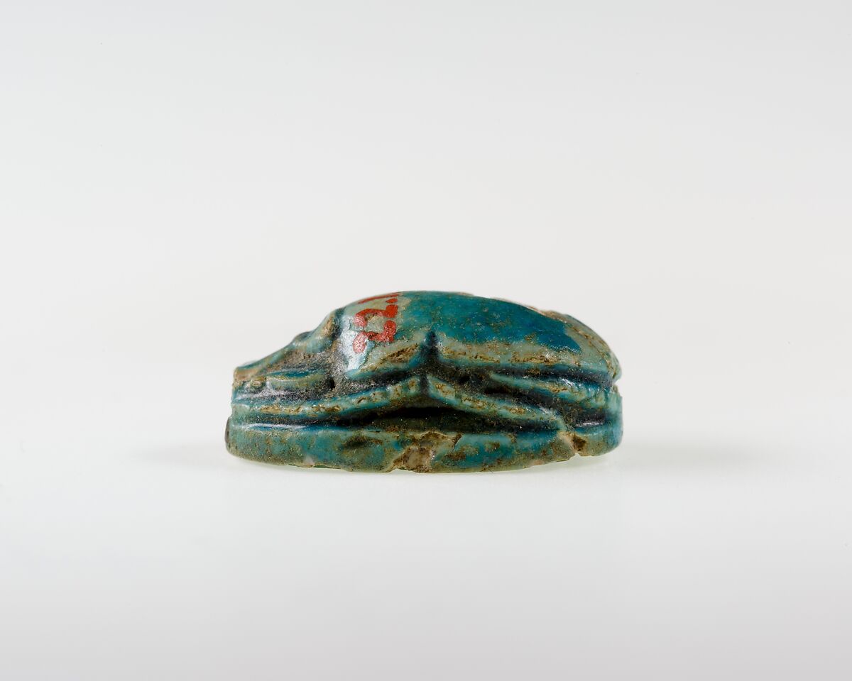 Scarab with Wedjat and Scroll Decoration, Bright blue glazed steatite