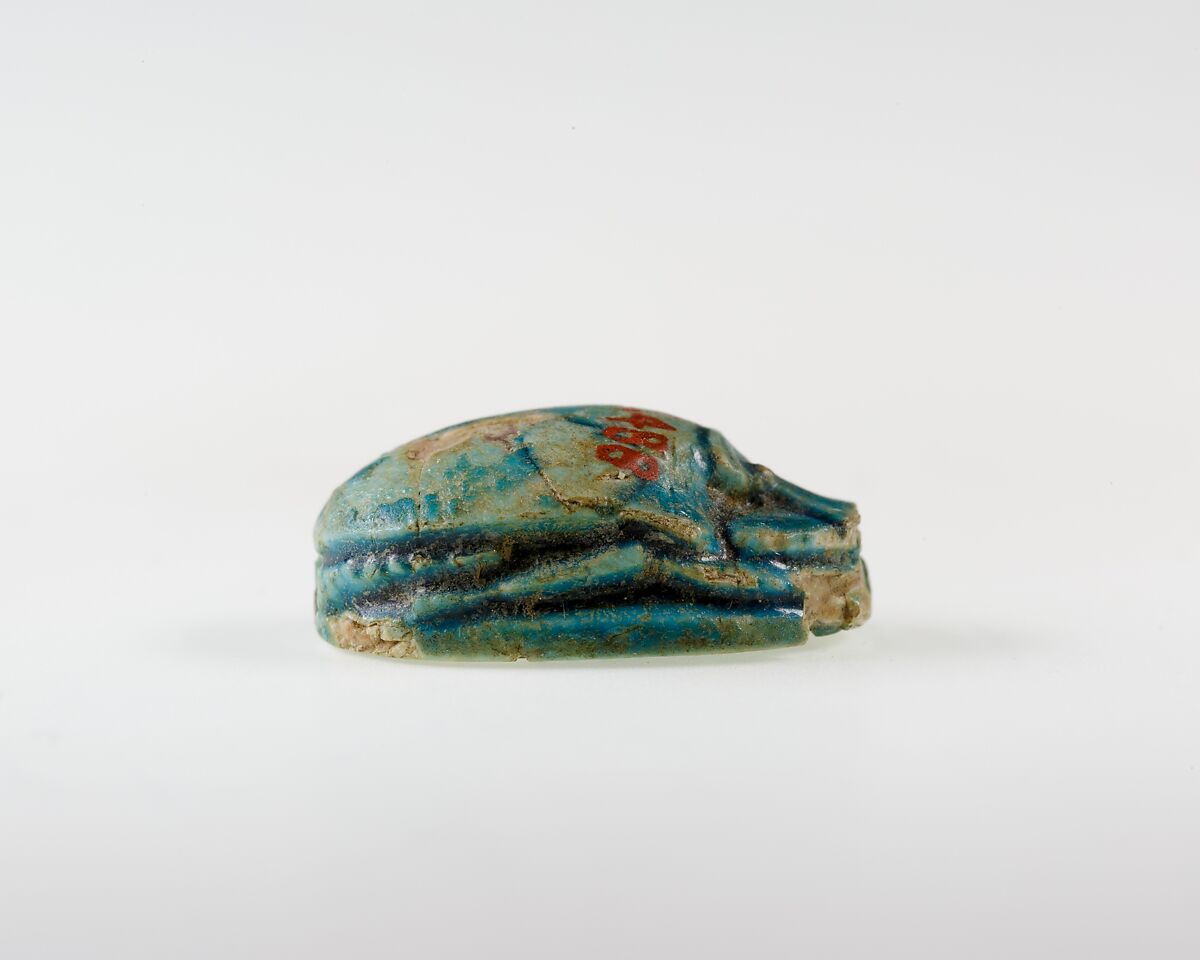 Scarab with Wedjat and Scroll Decoration, Bright blue glazed steatite