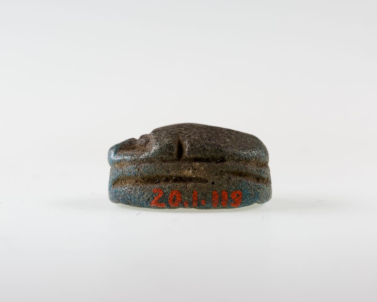 Scarab Incised with Hieroglyphs and Geometric Motif, Blue faience