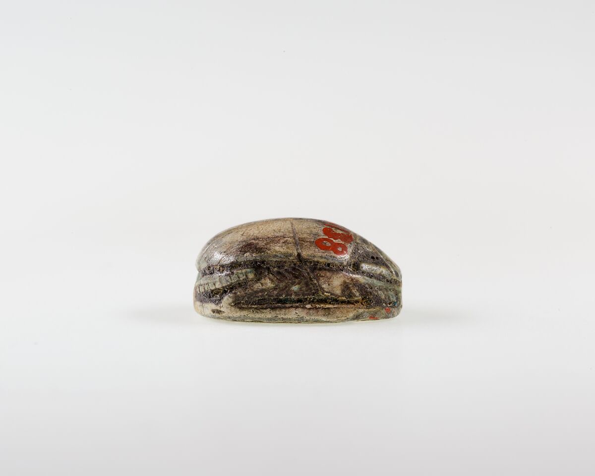 Scarab Incised with Hieroglyphs and Scroll, Steatite, traces of green glaze
