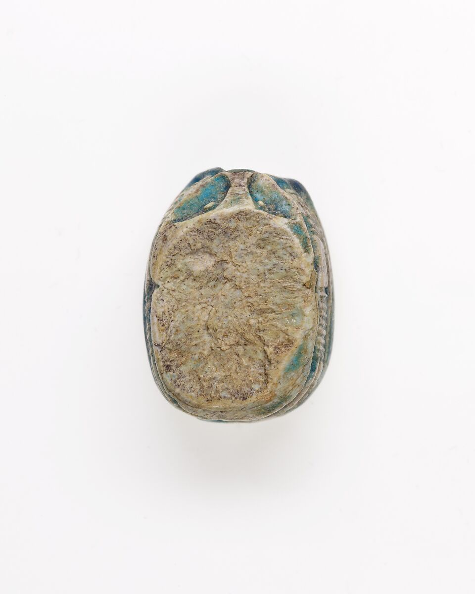 Scarab Decorated with Scrolls, Blue glazed steatite