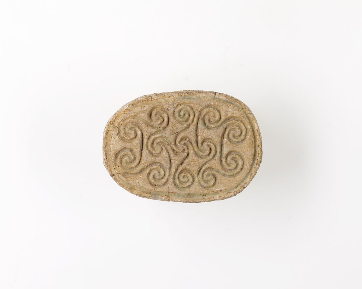 Scarab Decorated with Scrolls, Green glazed steatite 