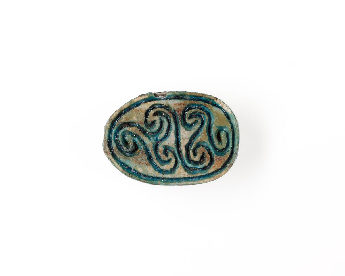 Scarab Decorated with Scrolls, Bright blue glazed steatite 