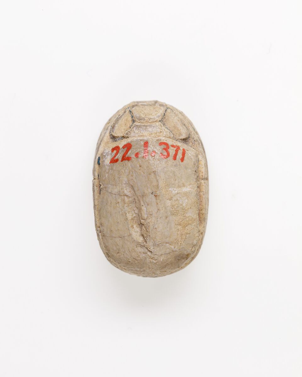 Scarab Decorated with Scroll Design, Steatite, traces of blue glaze