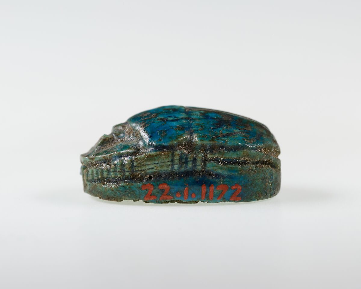 Scarab with Papyrus Motif and Signs, Bright blue glazed steatite