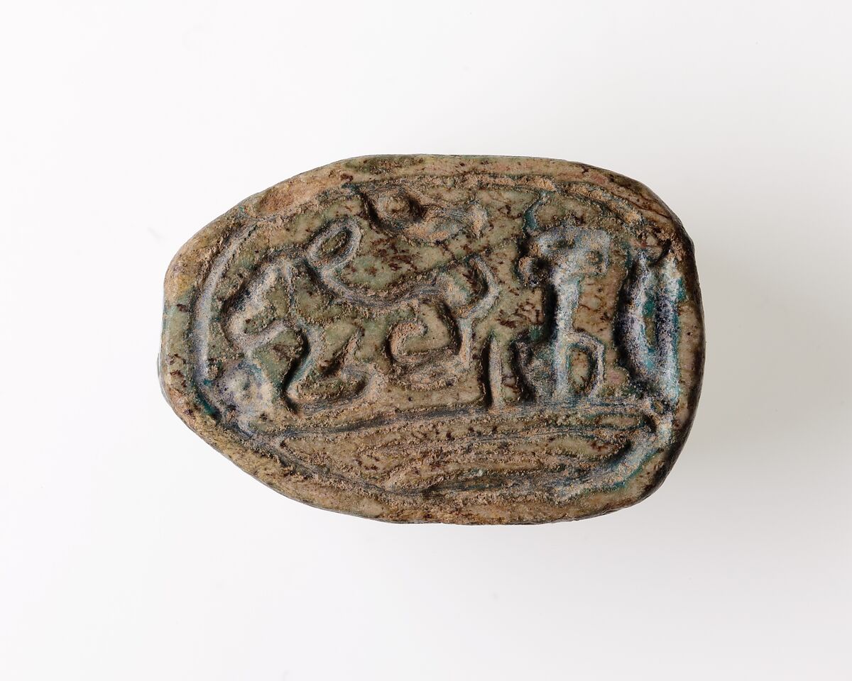 Scarab with Hieroglyphs and Recumbent Donkey, Green glazed steatite 