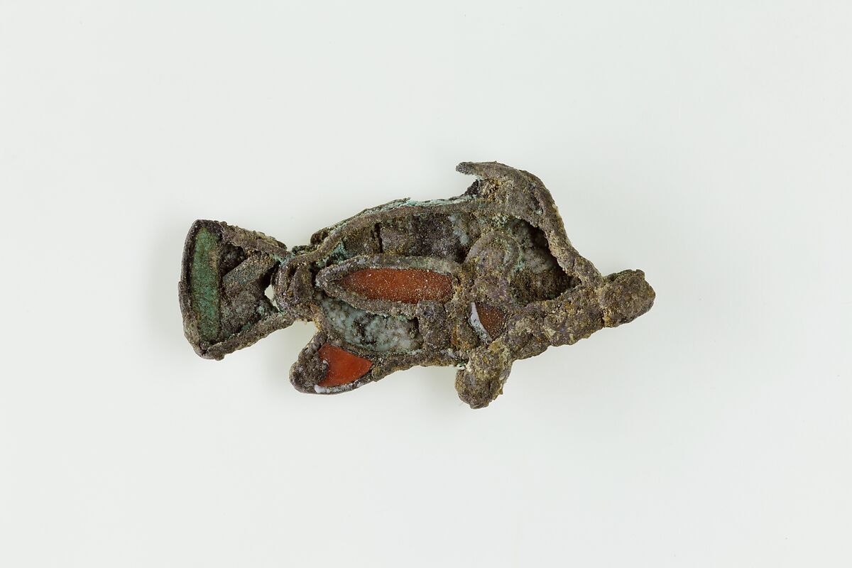 Fish amulet, Silver, carnelian, faience 