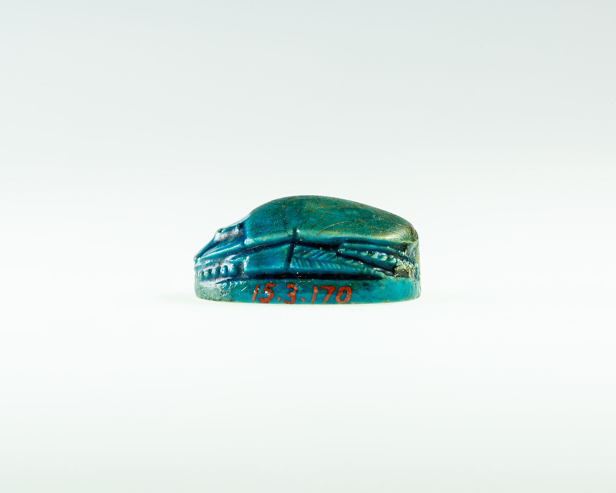 Scarab Incised with Hieroglyphs, Bright blue glazed steatite