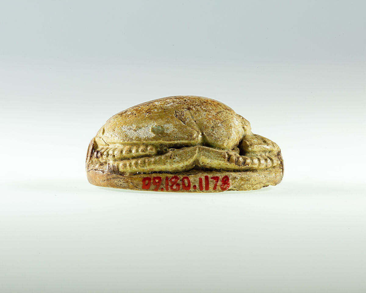 Scarab Incised with Nefer Sign and Coil Design, Steatite, traces of pale green glaze
