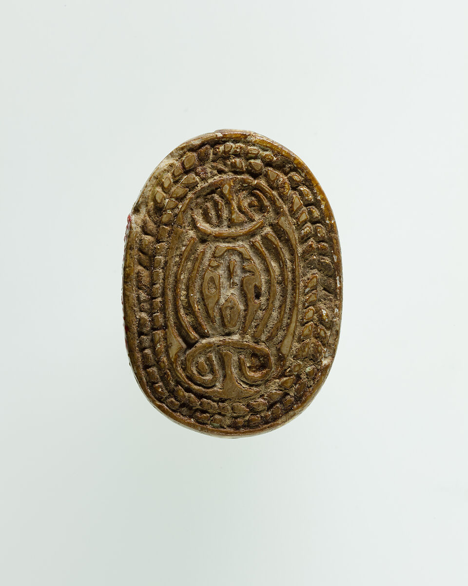 Scarab Incised with Nefer Sign and Coil Design, Steatite, traces of pale green glaze 