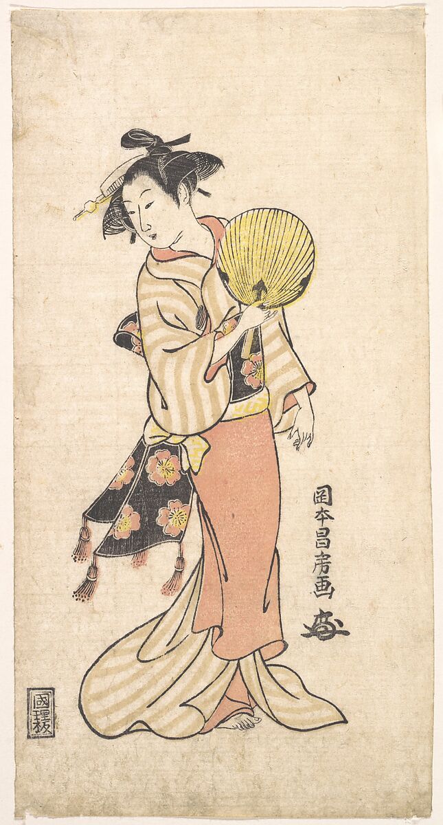 Girl with Fan, Masafusa (Japanese, active ca. 1750–1770), Woodblock print; ink and color on paper, Japan 