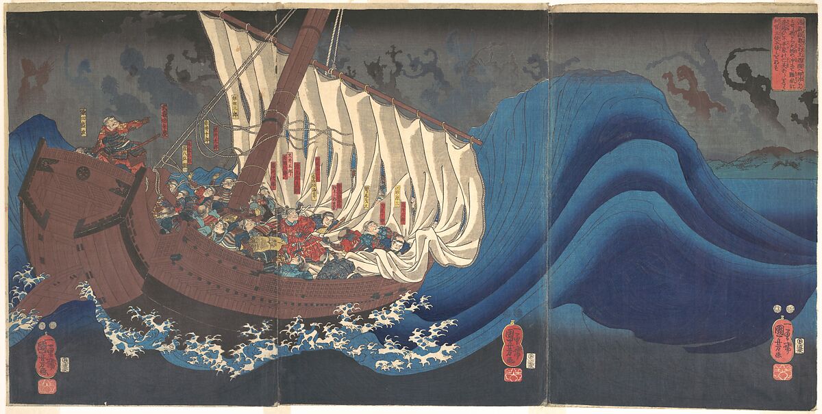 Ghosts of the Taira at Daimotsu Bay, Utagawa Kuniyoshi (Japanese, 1797–1861), Triptych of woodblock-printed books (nishiki-e); ink and color on paper, Japan 