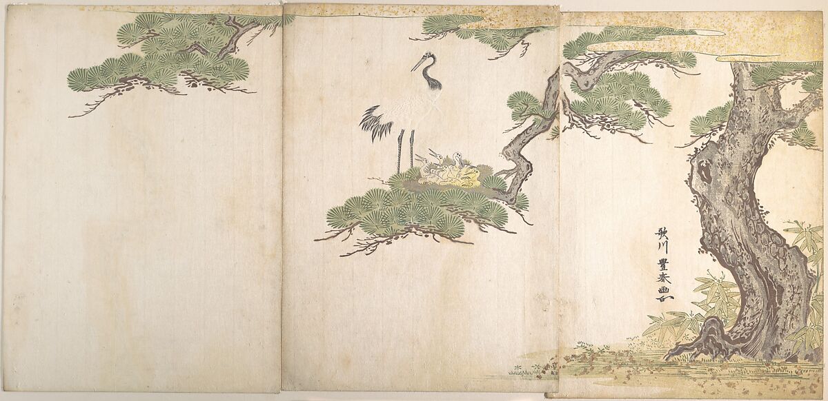 Crane and Their Young in Their Nest in the Branches of a Pine-tree, Utagawa Toyoharu (Japanese, 1735–1814), Triptych of woodblock prints (surimono enriched with gold); ink and color on paper, Japan 