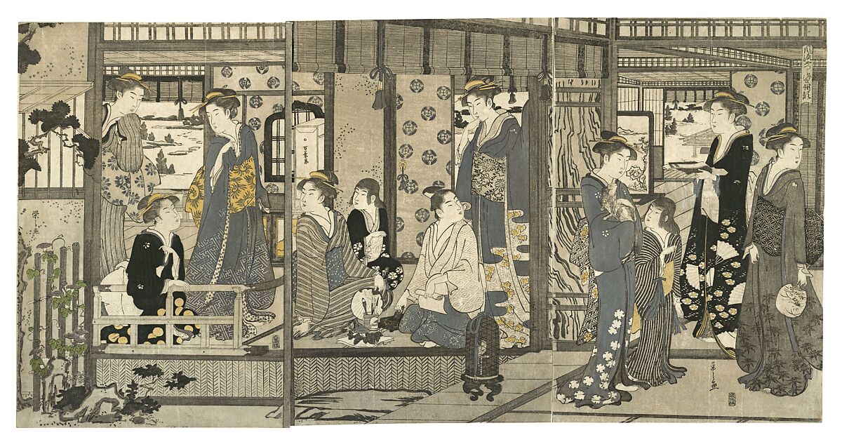 Bellflowers (Asagao), from the series Genji in Fashionable Modern Guise (Fūryū yatsushi Genji: Asagao), Chōbunsai Eishi 鳥文斎栄之 (Japanese, 1756–1829), Triptych of woodblock prints; ink and color on paper, Japan 