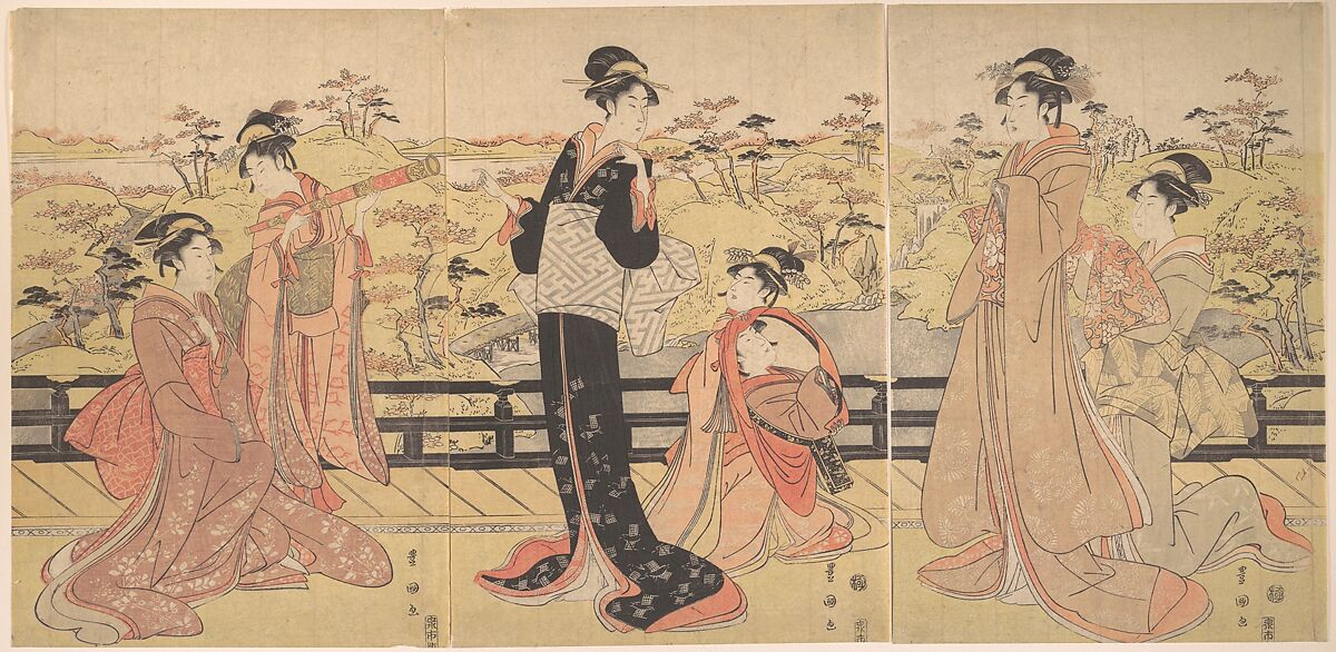 Women on a Veranda, Utagawa Toyokuni I (Japanese, 1769–1825), Triptych of woodblock prints; ink and color on paper, Japan 