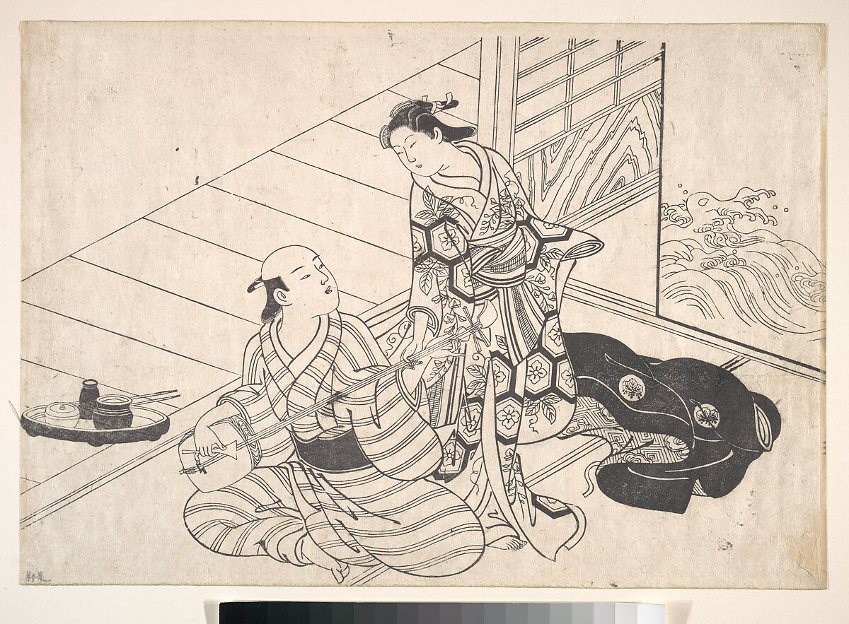 Lady Interrupting Her Lover, who is Playing the Shamisen, Nishikawa Sukenobu (Japanese, 1671–1750), Monochrome woodblock print; ink on paper, Japan 