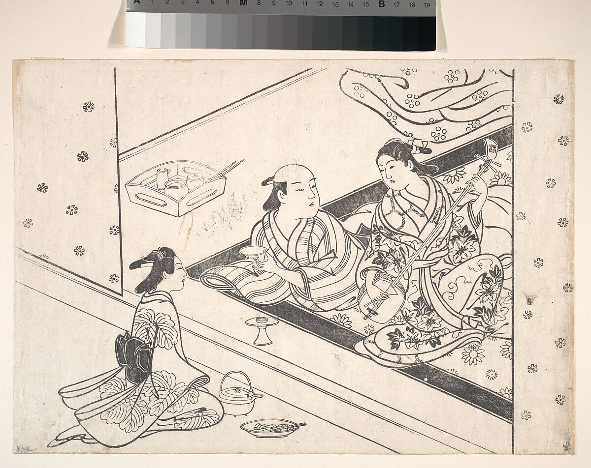 Lady Playing Shamisen, with Her Lover and Attendant Nearby, Nishikawa Sukenobu (Japanese, 1671–1750), Monochrome woodblock print; ink on paper, Japan 