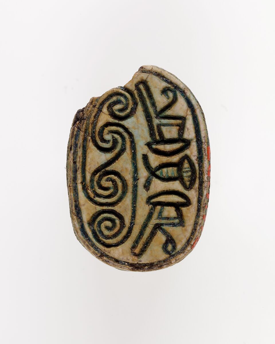 Scarab with Scrolls and Hieroglyphs, Green glazed steatite 