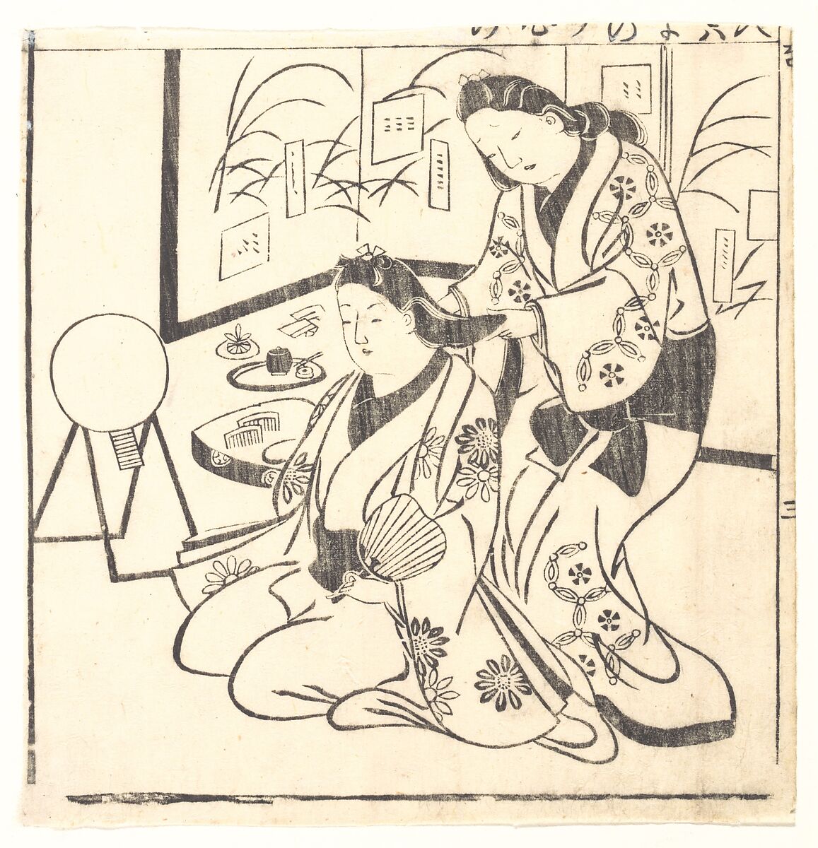 Leaf from a Book Entitled: Wakoku Hiaku-jo, One Hundred Japanese Women, Hishikawa Moronobu 菱川師宣 (Japanese, 1618–1694), Monochrome woodblock print; ink on paper, Japan 