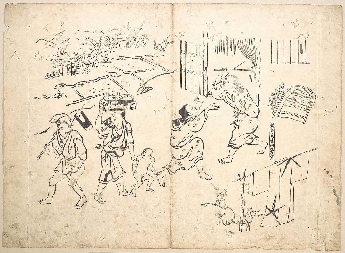 Woman Pursuing Sparrow, Okumura Masanobu (Japanese, 1686–1764), Monochrome woodblock print; ink on paper, Japan 