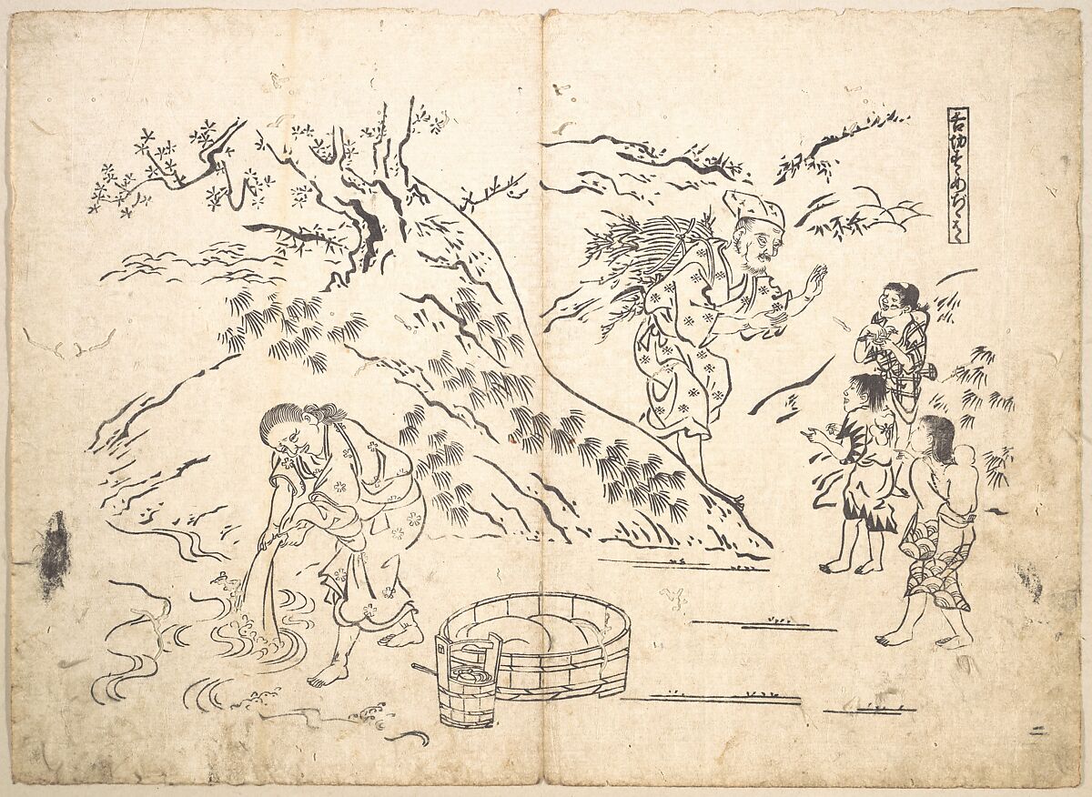 Fagot–gatherer Finds Boy with Sparrow, Okumura Masanobu (Japanese, 1686–1764), Monochrome woodblock print; ink on paper, Japan 
