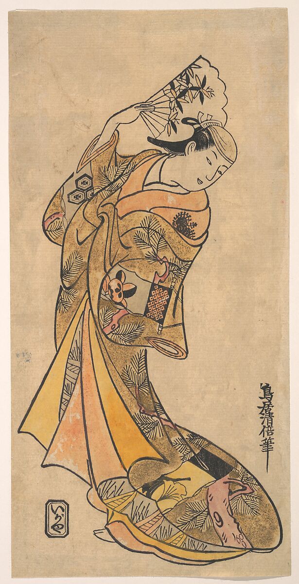 The Actor, Nakamura Shichisaburo II, 1703–1774 as a Woman with Fan, Torii Kiyomasu II (Japanese, 1706–1763), Woodblock print; ink and color on paper, Japan 