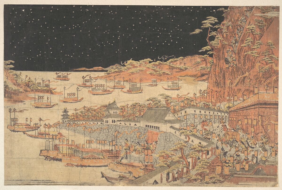 Battle of Ichi–no–tani, March 21, 1184, Utagawa Toyoharu (Japanese, 1735–1814), Woodblock print; ink and color on paper, Japan 