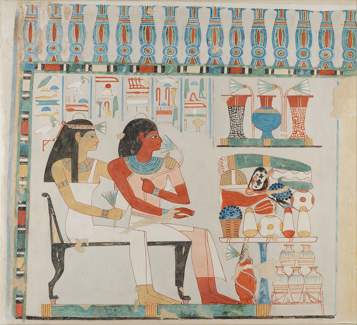 Djehuty and his Mother Receiving Offerings, Tomb of Djehuty, Norman de Garis Davies (1865–1941), Tempera on paper 