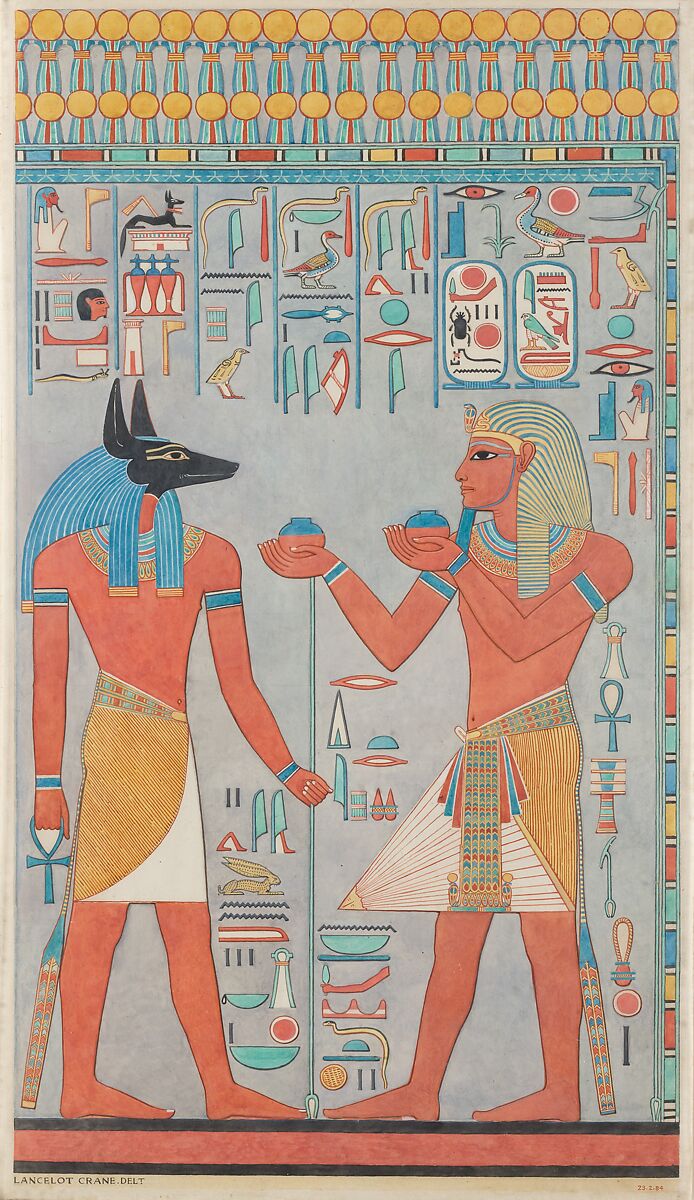 The King with Anubis, Tomb of Haremhab, Lancelot Crane (British, 1880–1918), Tempera on paper 