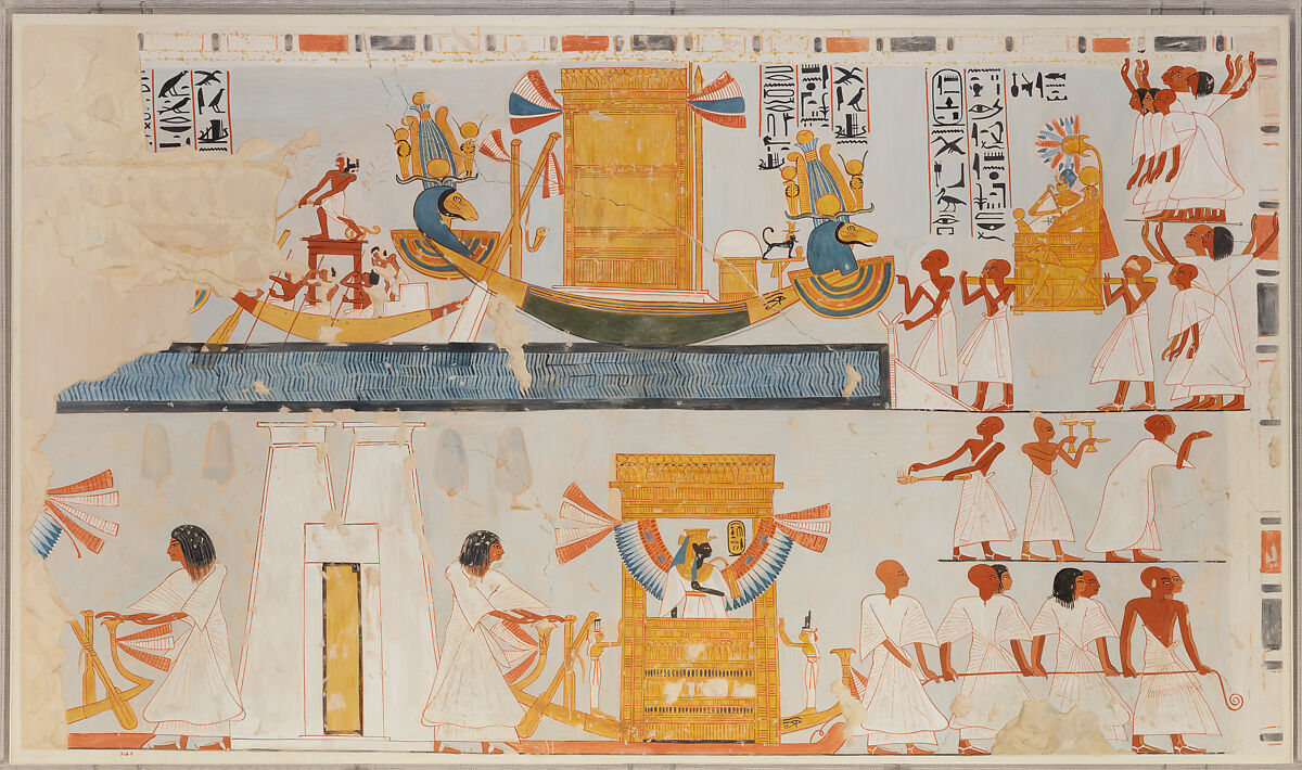 The Barque of Amun Arriving at the West Bank of Thebes, Charles K. Wilkinson, Tempera on paper 