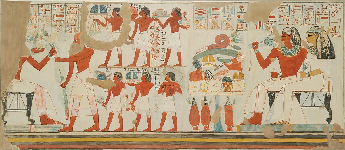 Offerings Made to the Deceased and his Wife, Tomb of Djehutyemheb, Norman de Garis Davies (1865–1941), Tempera on paper 