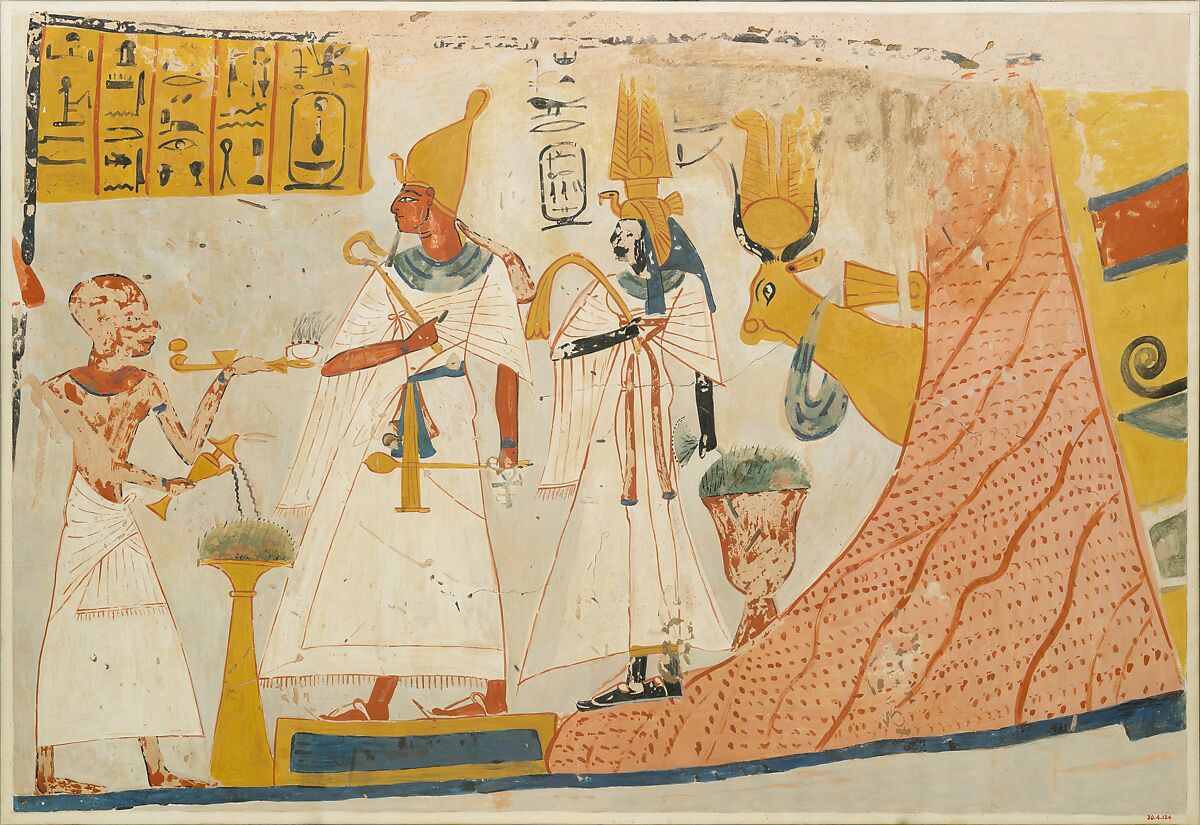 Deceased censing and libating to the deified Mentuhotep and Ahmose-Nefertari, with the Hathor cow emerging from the mountain; Tomb of Ameneminet, Charles K. Wilkinson, Tempera on paper 