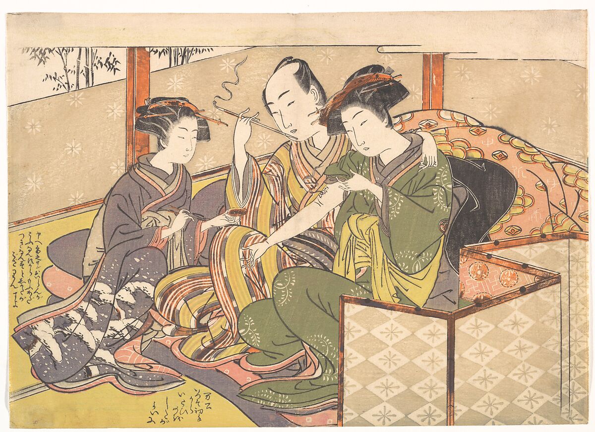 Servant Applying Medicinal to Geisha's Arm, Kitao Shigemasa (Japanese, 1739–1820), Woodblock print; ink and color on paper, Japan 